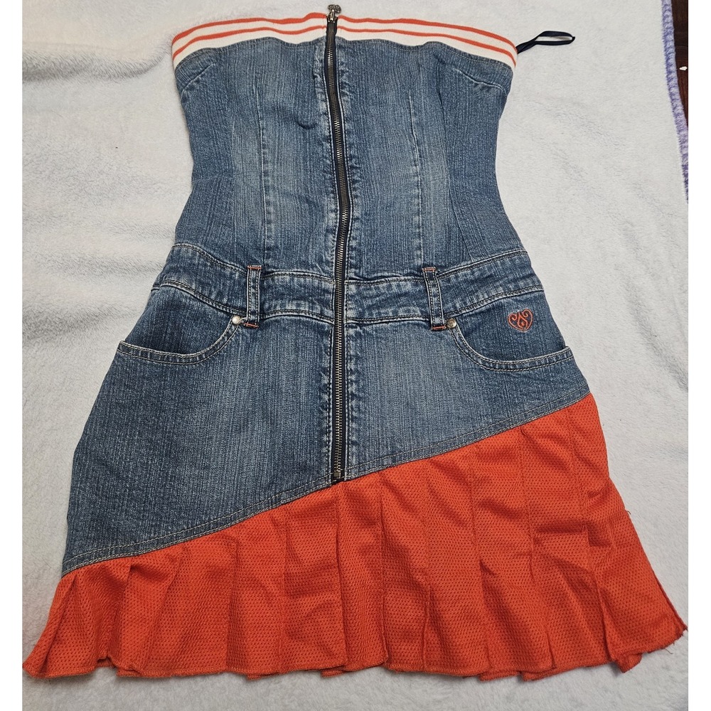 Anisette Vintage Y2K Denim Strapless Mini Dress Pleated Orange Mesh Sporty S